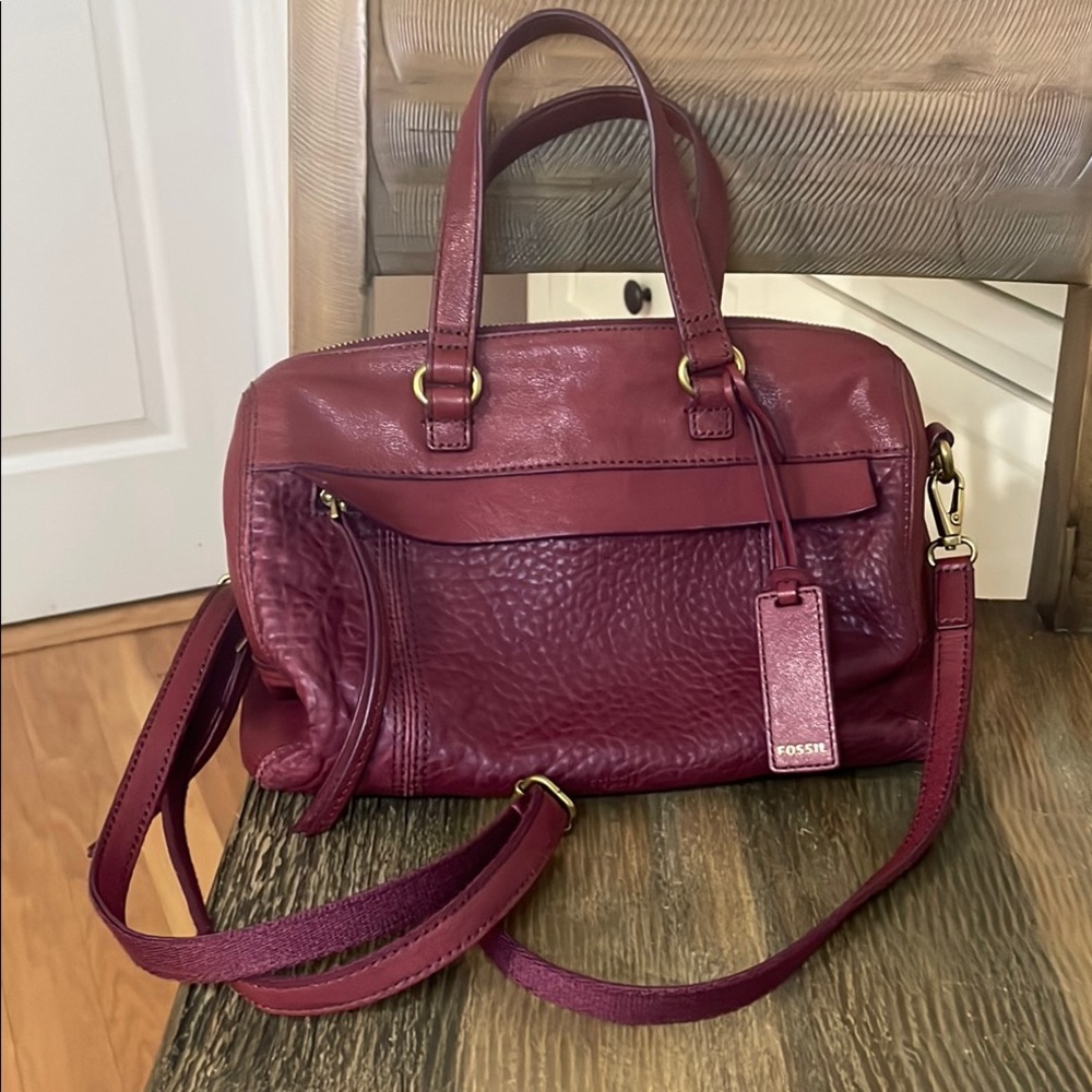 Fossil Burgundy Front Pebble Leather Satchel with Adjustable/Detachable Strap